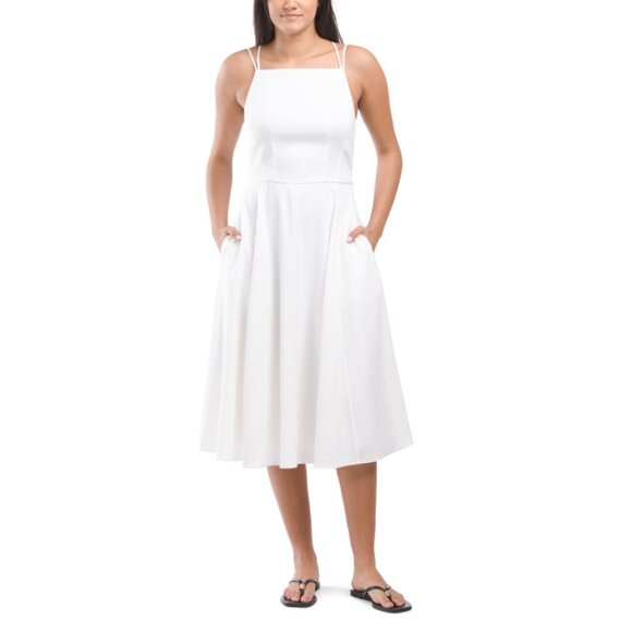 THEORY White Linen Blend Square Neck Volume Midi Dress